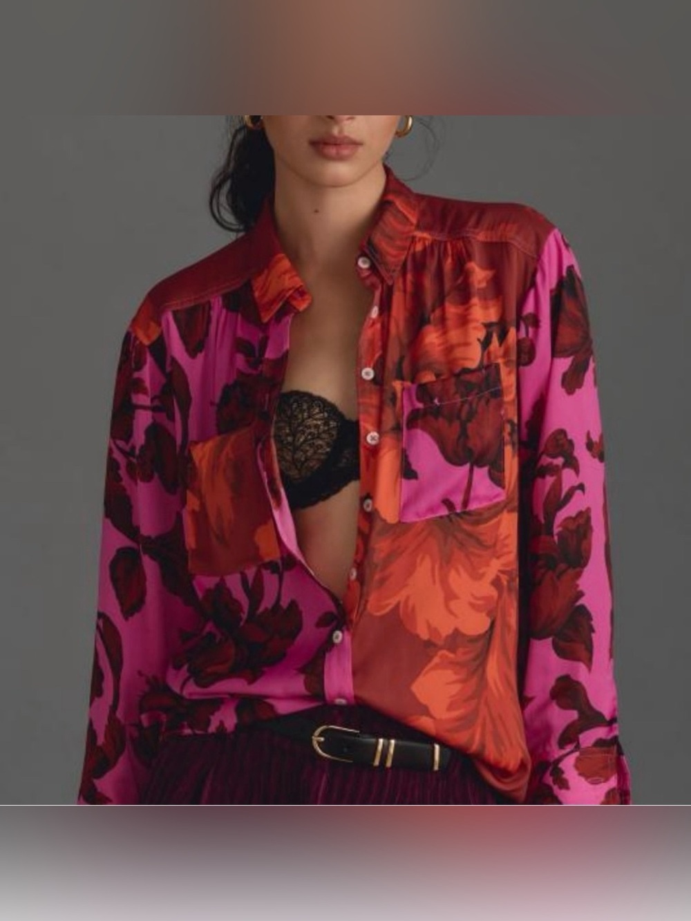Anthropologie M Pink Orange Floral Colorblock Button Down Blouse Artsy Satin Top